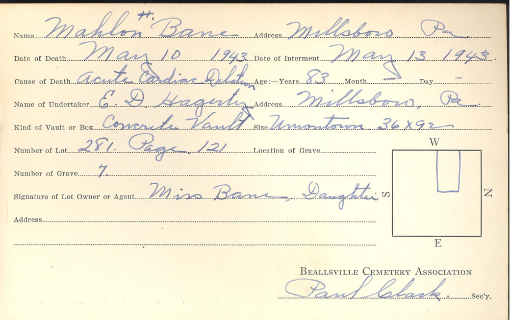Mahlon H. Bane burial card